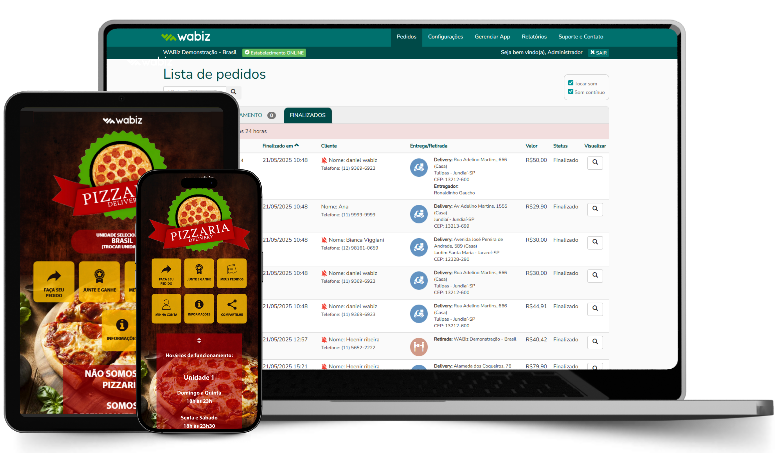 WAbiz em múltiplos dispositivos - App de delivery e painel administrativo